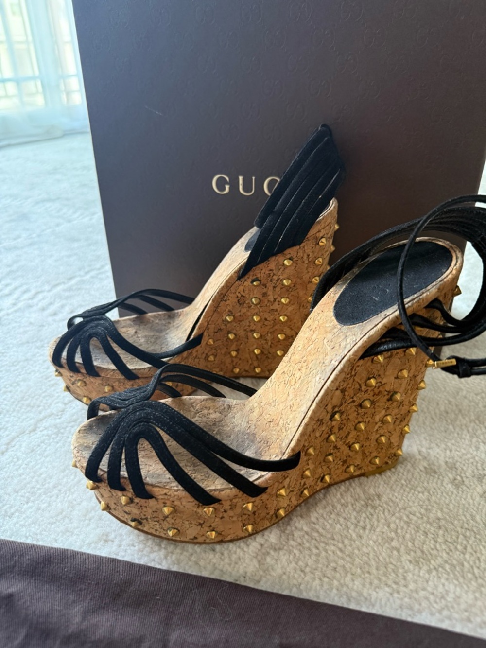 Gucci Black Suede Cork Wedge Sandals with Gold Stud Accents